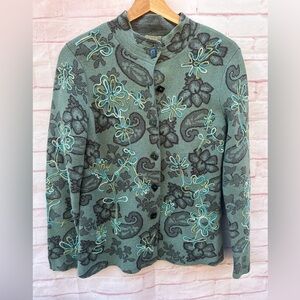VTG Sigrid Olsen Sport size M green embroidered floral bohemian cotton jacket